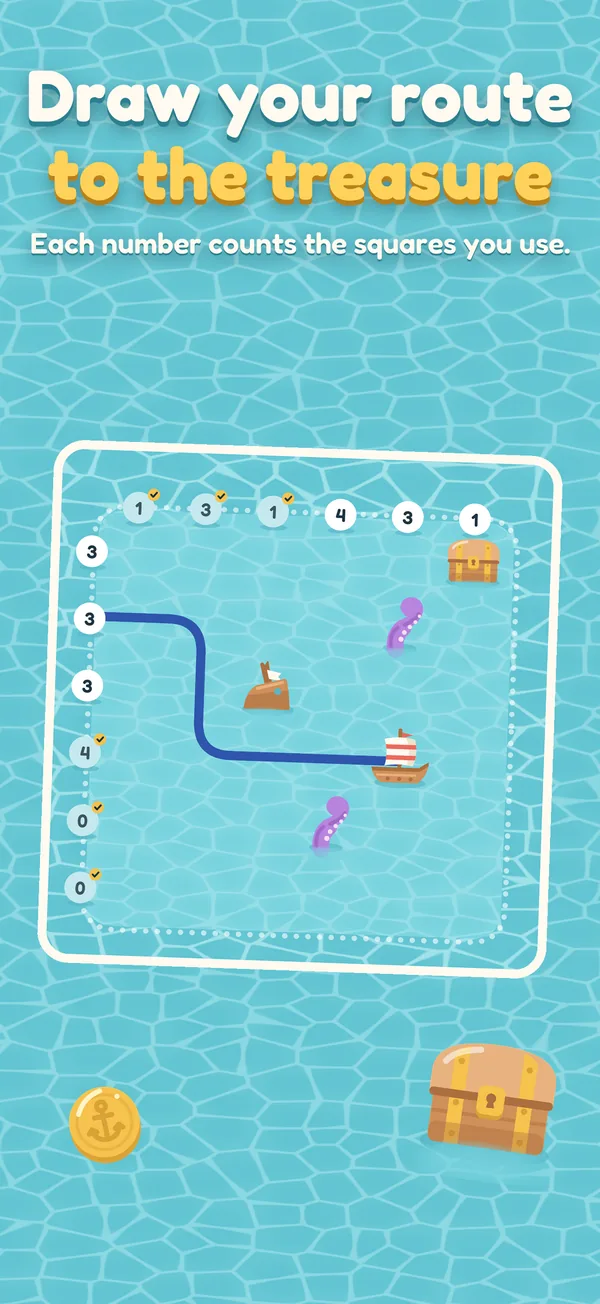The board of the sea with a route drawn to the treasure